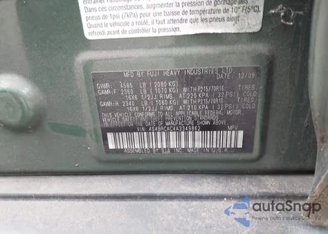 2010 Subaru Outback 2.5I z USA, uszkodzony, nr VIN 4S4BRCAC4A3349862